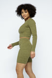 Knit Long Sleeve Cropped Top Knit High-waist Biker Shorts Set-Primetime-Looks