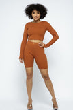 Knit Long Sleeve Cropped Top Knit High-waist Biker Shorts Set-Primetime-Looks