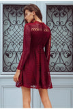 Lace crochet hollow-out mini dress in burgundy red-Primetime Looks