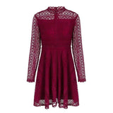 Lace crochet hollow-out mini dress in burgundy red-Primetime Looks
