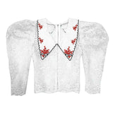 Lace Embroidery Lapel Puff Blouse