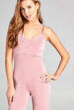 Primetime Looks-Ladies fashion v-neck w/back cross strap long leg poly spandex knit jumpsuit