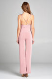 Primetime Looks-Ladies fashion v-neck w/back cross strap long leg poly spandex knit jumpsuit