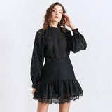 Primetime Looks-Lantern Sleeve Eyelet Patchwork Lace Skirt Set