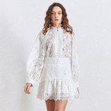 Primetime Looks-Lantern Sleeve Eyelet Patchwork Lace Skirt Set