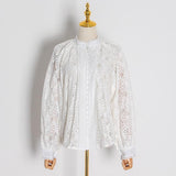 Primetime Looks-Lantern Sleeve Eyelet Patchwork Lace Skirt Set