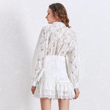 Primetime Looks-Lantern Sleeve Eyelet Patchwork Lace Skirt Set