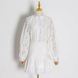 Primetime Looks-Lantern Sleeve Eyelet Patchwork Lace Skirt Set
