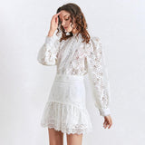 Primetime Looks-Lantern Sleeve Eyelet Patchwork Lace Skirt Set