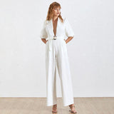 Primetime Looks-Lantern sleeved deep v-neck white jumpsuit