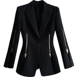 Primetime Looks-Lapel beige slit blazer with zippers