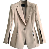 Primetime Looks-Lapel beige slit blazer with zippers