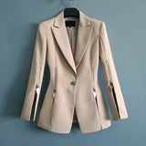 Primetime Looks-Lapel beige slit blazer with zippers