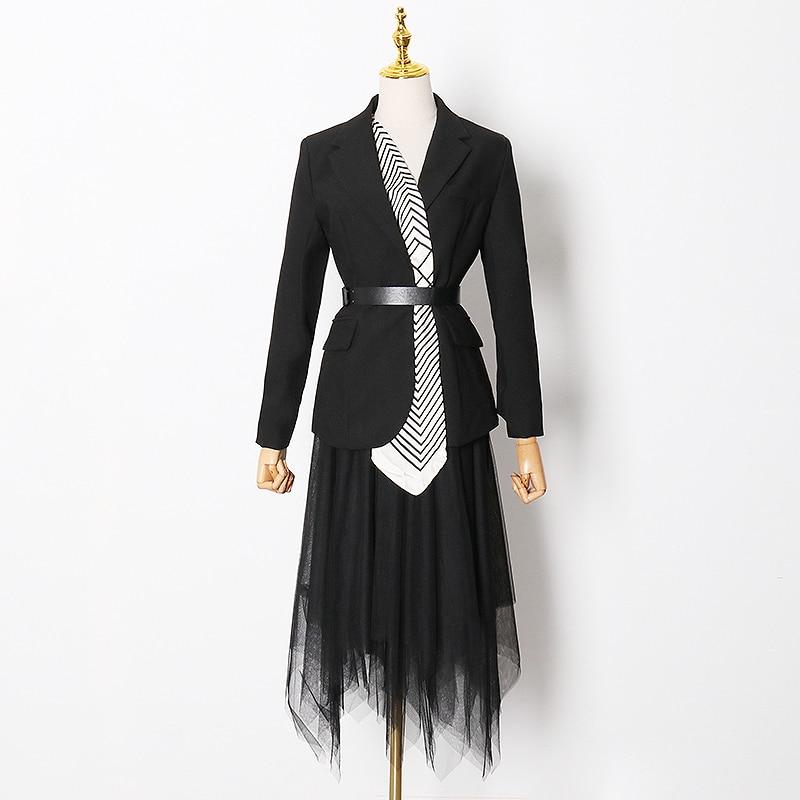 Lapel Insert Blazer and Mesh Skirt Set in Color
