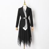 Lapel Insert Blazer and Mesh Skirt Set in Color