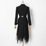 Lapel Insert Blazer and Mesh Skirt Set in Color