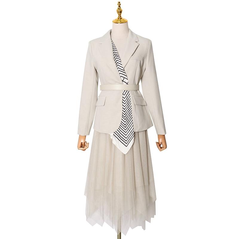 Lapel Insert Blazer and Mesh Skirt Set in Color