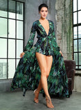 Primetime Looks-Leaf print asymmetric playsuit