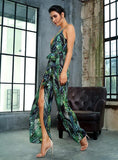 Primetime Looks-Leaf print slit jumpsuit