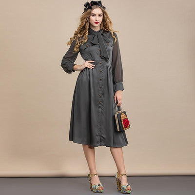 LILIBETH Bow Neck Retro Midi Dress