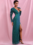 MAISHA Bubble Sleeve Slit Gown in Green