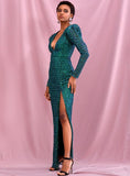 MAISHA Bubble Sleeve Slit Gown in Green