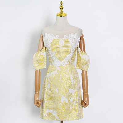 MARGA Lace Trim Brocade Mini Dress