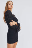 MARINA Puff Sleeve Ruched Mini Dress in black