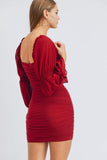 MARINA Puff Sleeve Ruched Mini Dress in red
