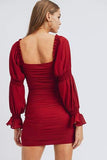 MARINA Puff Sleeve Ruched Mini Dress in red