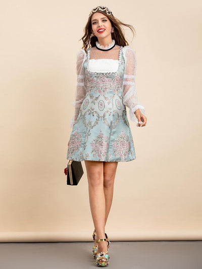 MELIA patchwork mini dress with mesh sleeves