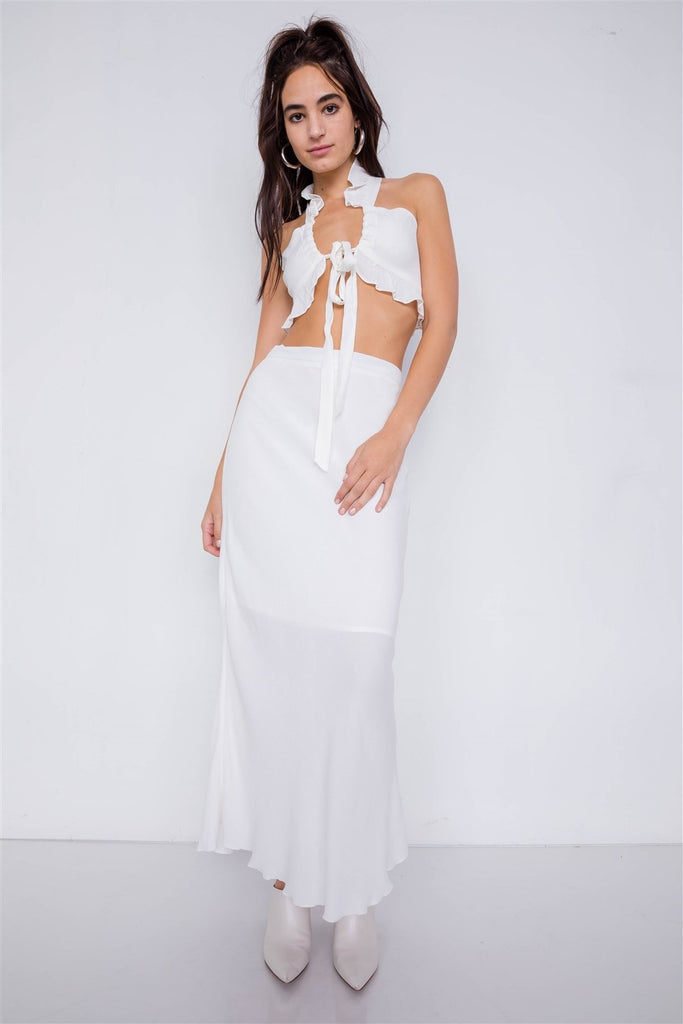 Primetime Looks-Mini Boho Print Lace Up Crop Top & High-waist Frill Trim Maxi Skirt Set