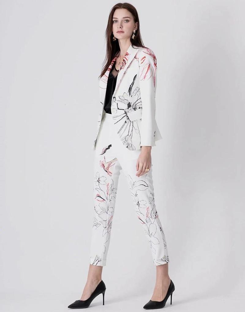 Primetime Looks-MONET White floral pant suit