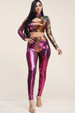 Primetime Looks-Ombre Foil Venecia Long Sleeve Mock Neck Cropped Top And Leggings Two Piece Set