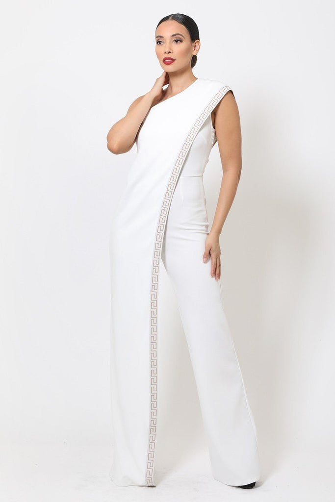 Primetime Looks-One-Shoulder Greek Pattern Jumpsuit in colors