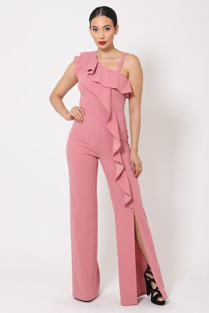 Primetime Looks-One Shoulder Ruffled Jumpsuit in colors