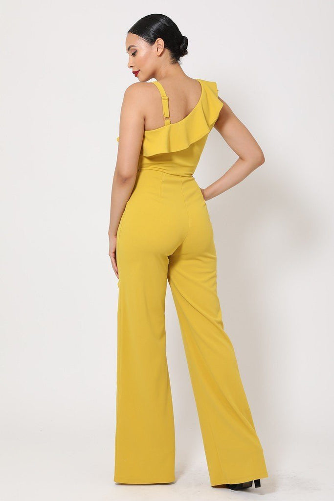 Primetime Looks-One Shoulder Ruffled Jumpsuit in colors