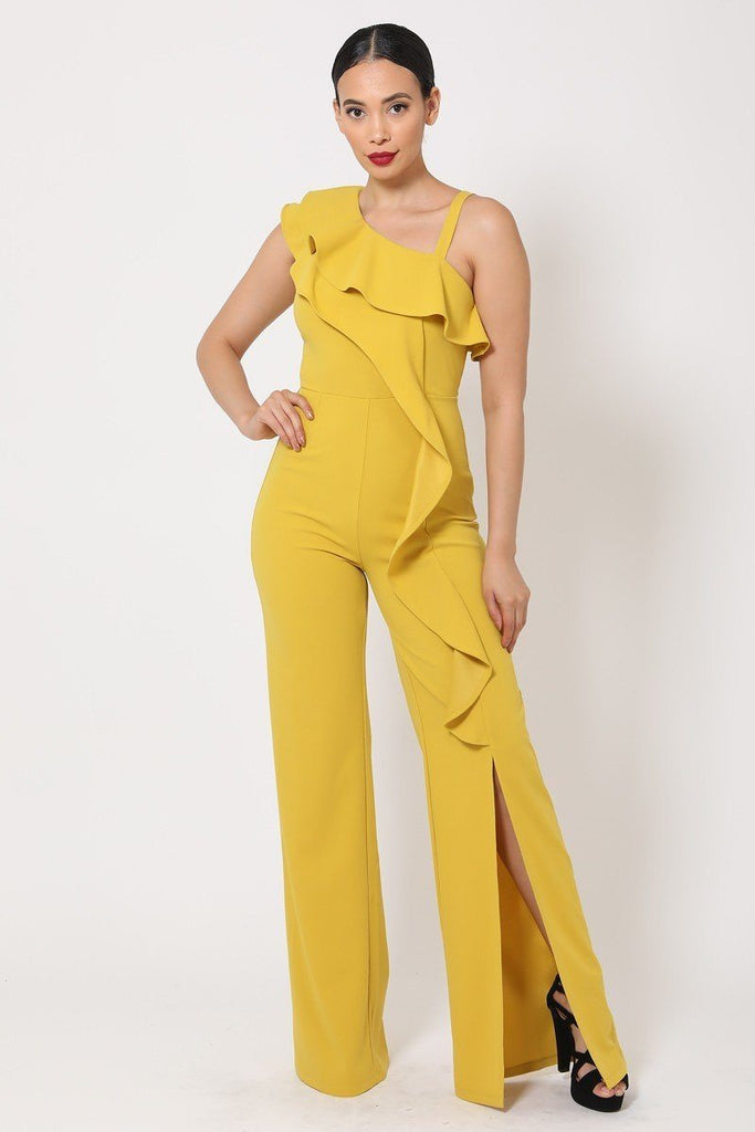 Primetime Looks-One Shoulder Ruffled Jumpsuit in colors