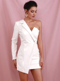 One-sleeve asymmetric mini dress in white