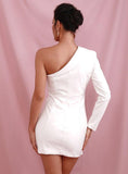 One-sleeve asymmetric mini dress in white