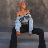 Oversize off-shoulder denim crop top