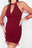 Pearl Trim Mesh Dress in burgundy red