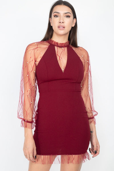 Pearl Trim Mesh Dress in burgundy red
