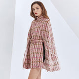 Plaid belted featherly cape dress