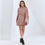Plaid belted featherly cape dress