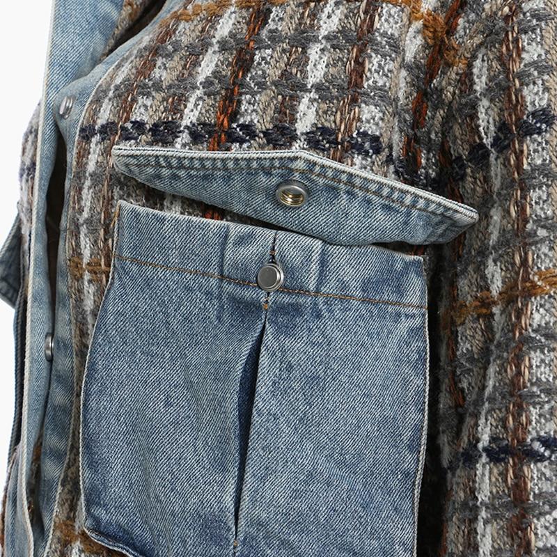 Plaid jacket patchwork w denim pockets