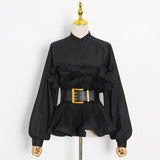 Pleated Ruffles Belted Blouse in colors