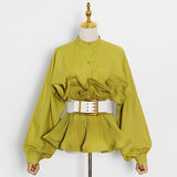 Pleated Ruffles Belted Blouse in colors