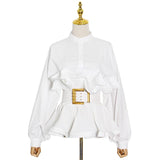 Pleated Ruffles Belted Blouse in colors