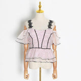 Polka dot ruffled mesh top